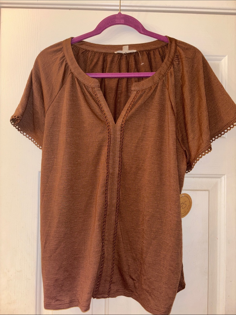 Parallel Skies Women’s Brown Short-Sleeve Lace-Trim Tee XL NWT